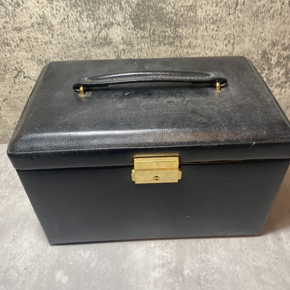 RETRO Black Jewellery Box Travel Case Faux Leather & Key Trays Mirror - Picture 7 of 10